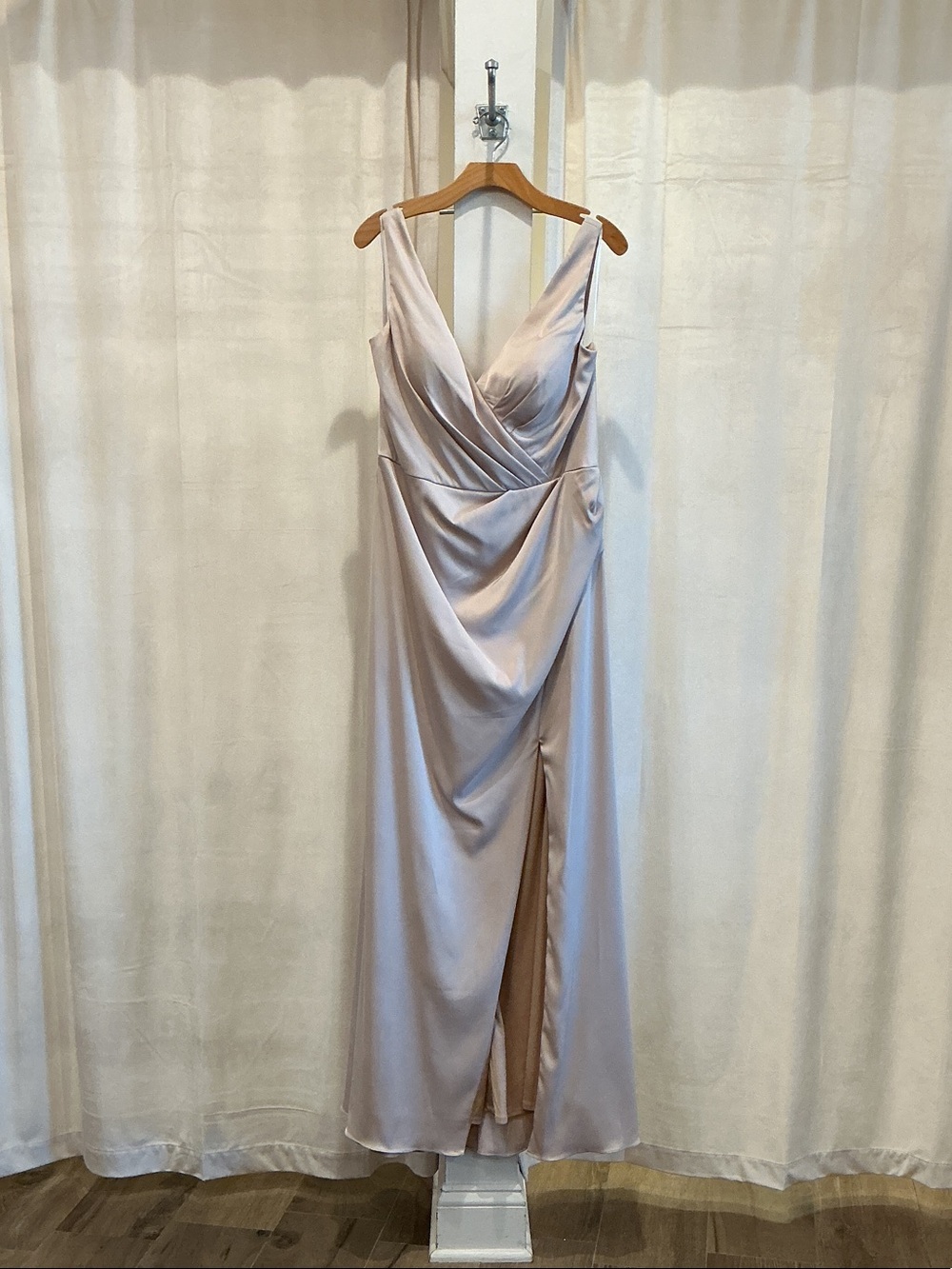 Christina Wu Blush Satin Draped V-Neck Maxi Gown